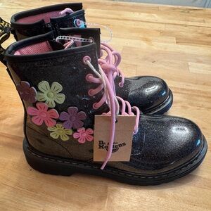 Dr. Martens Black Glitter Boots with Floral Design